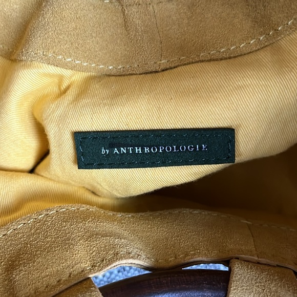 Anthropologie Pom Pom suede leather wooden handles tote, yellow - Picture 4 of 9